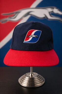 Vintage Greyhound Lines Snapback Hat Cintas USA Red Blue Trucker Cap